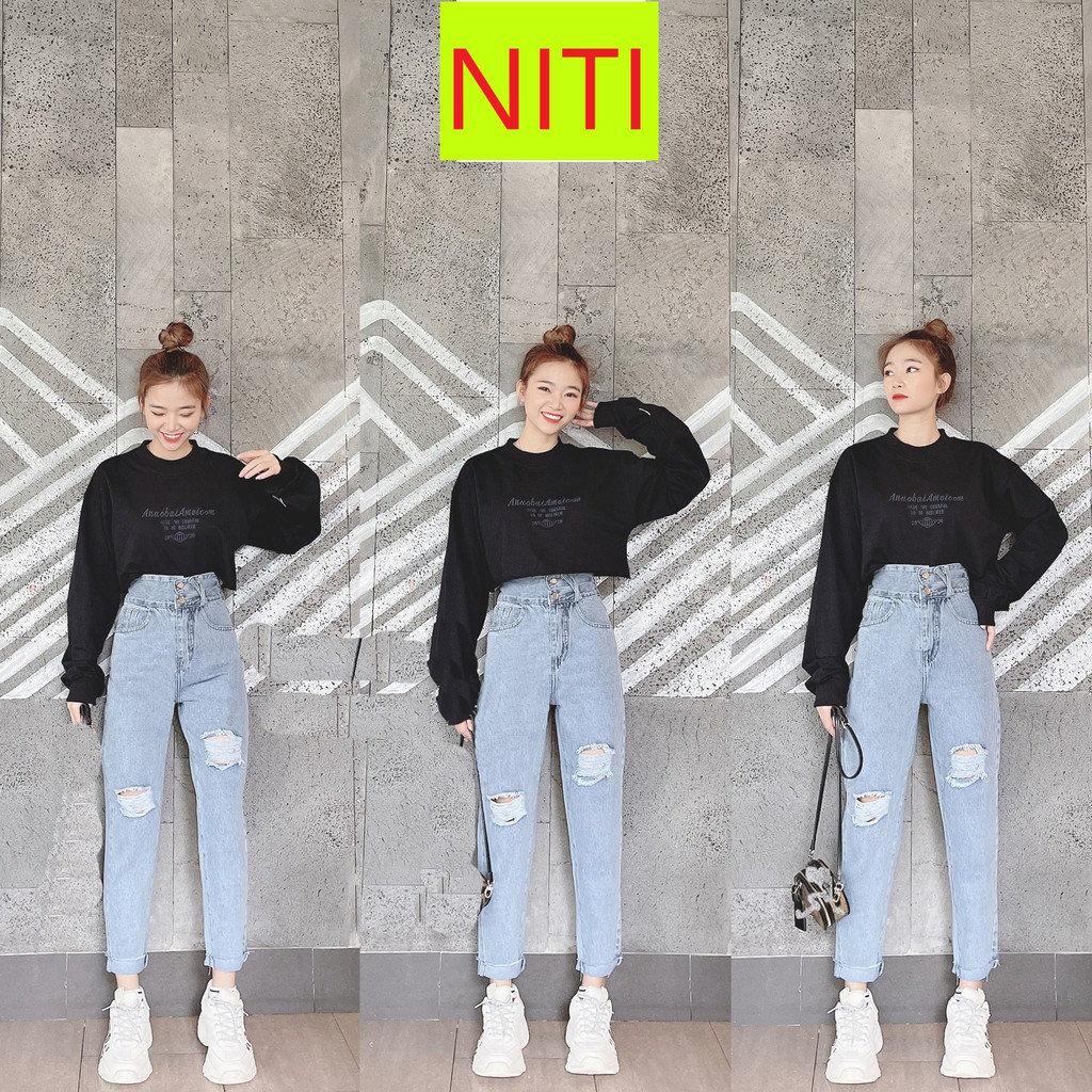 [ NY335 ] QUẦN BAGGY JEAN NỮ LƯNG CAO XẺ NỬA RÁCH 2 GỐI TO MÀU XANH NHẠT LAI CUỐN CAO CẤP NITI ĐỦ SIZE S,M,L