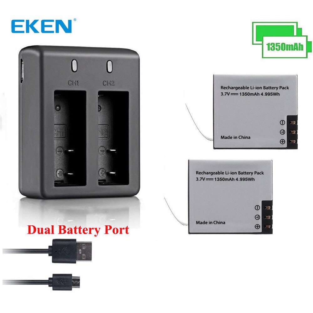 Combo 2 Pin 1350 mAh + Dock Sạc Đôi Cho Mọi Camera Hành Trình Eken H9r, SJCAM 4000, Amkov, Camera 4k