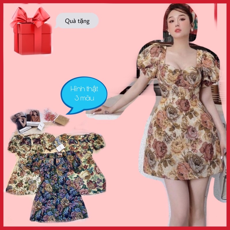 Đầm Gấm Hoa tay Bồng Freesize(Video hinh that)