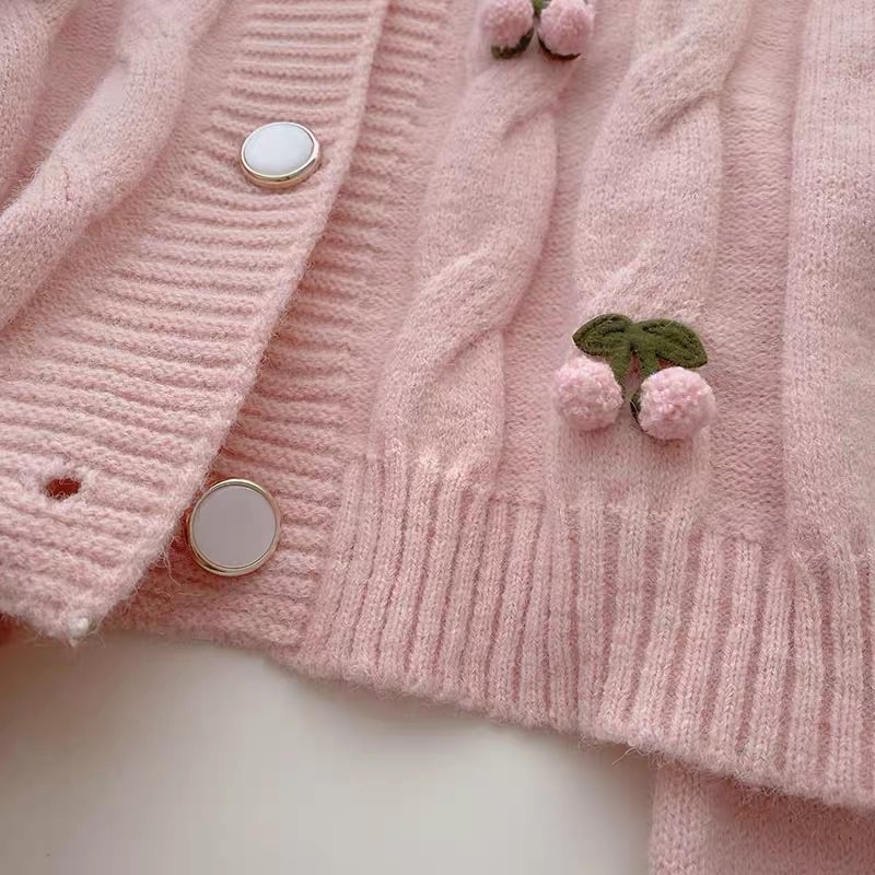 Set 2 Món Áo Cardigan + Croptop 2 Dây Tay Bồng Trái Đào Hồng Xinh Xắn