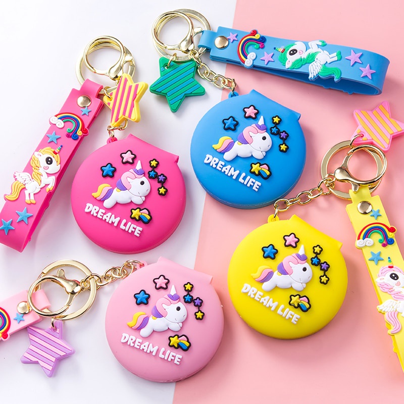 Móc khóa kèm gương bằng silicone họa tiết kỳ lân nhỏ gọn mini
