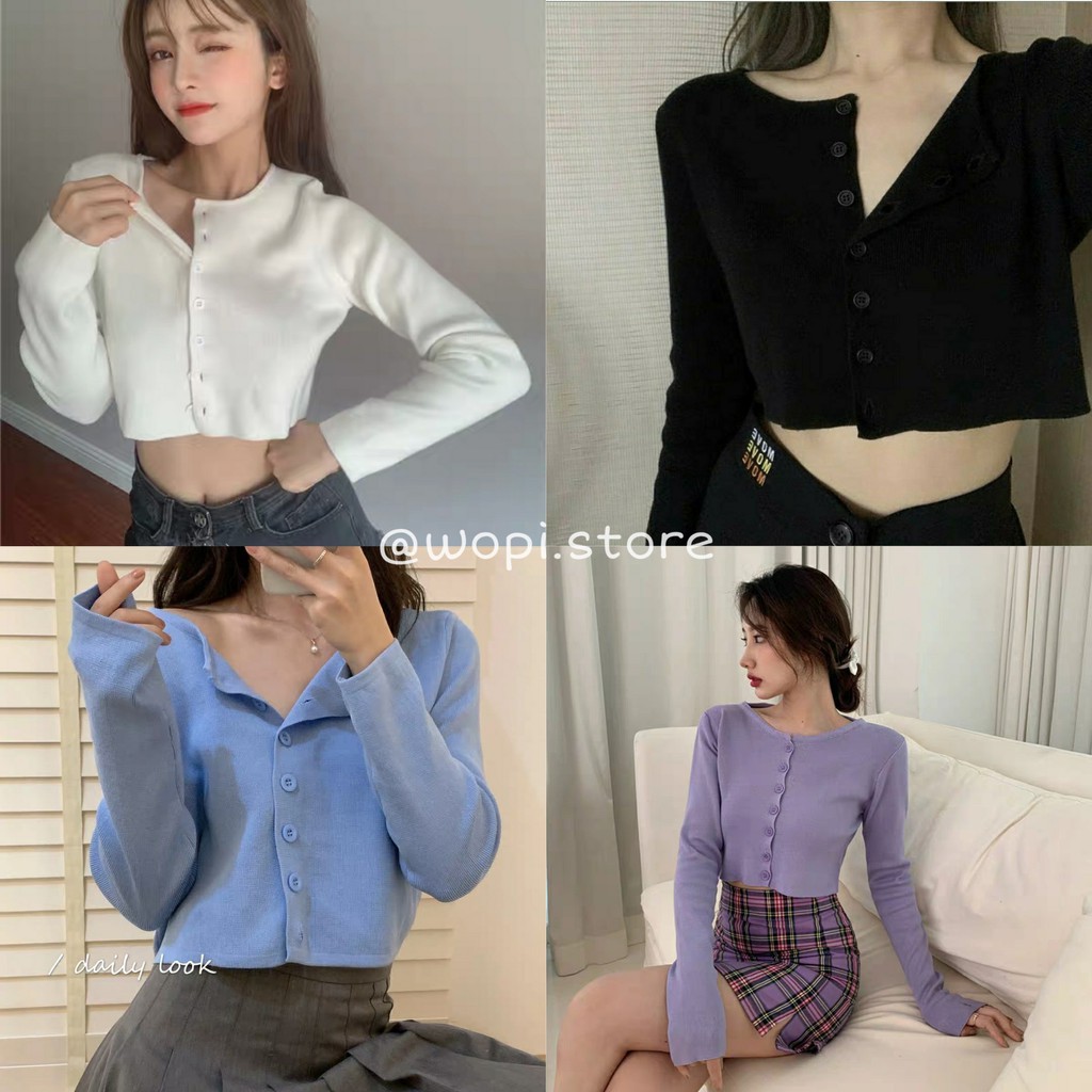 Áo Croptop Cổ Tim Tay Dài Phối Nút - Có Thể Làm Áo Khoác (7 MÀU) - 709