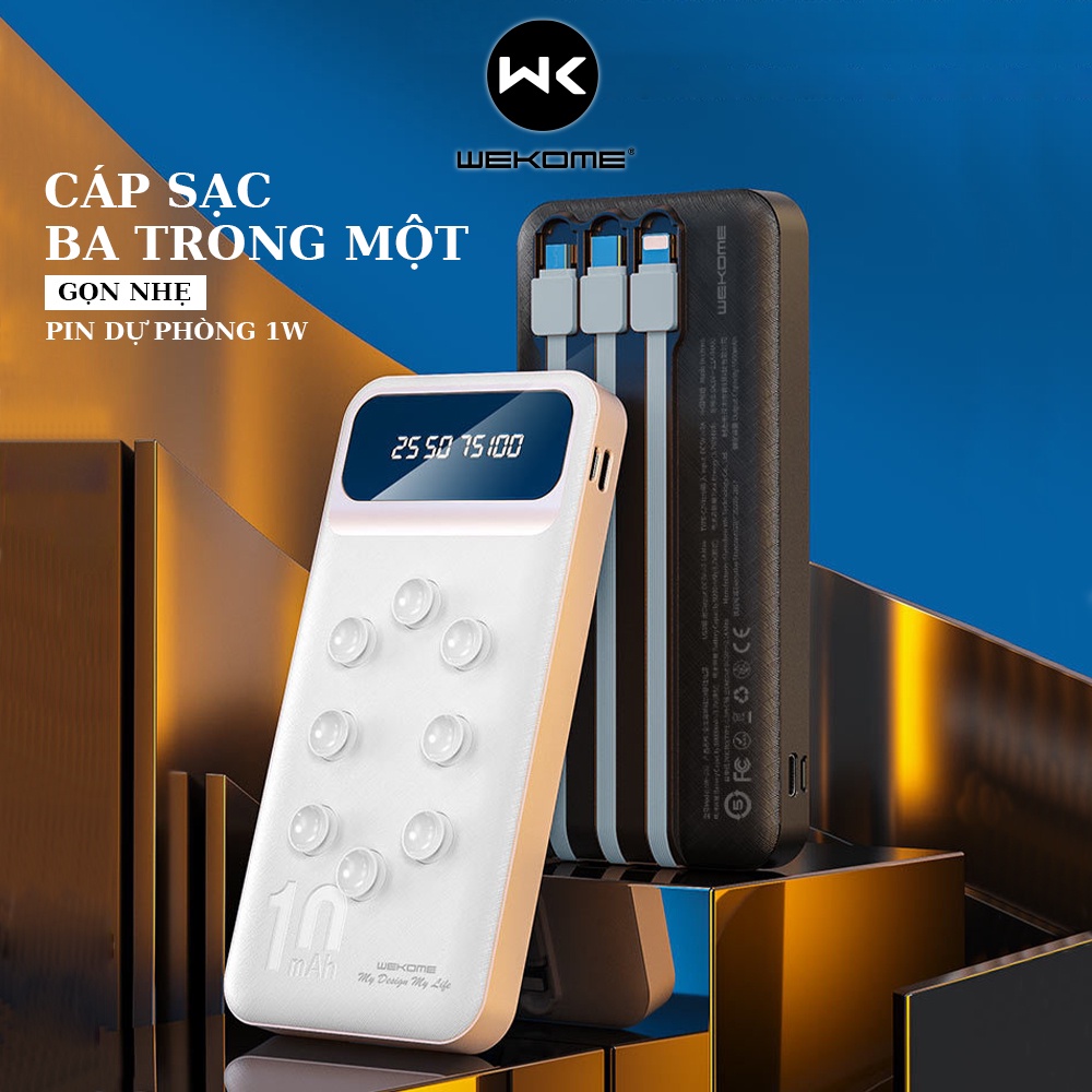 Pin sạc dự phòng Wekome  WP-233 10000mah tích hợp đèn led hiển thị dây cáp 3 in 1 3 đầu đa năng có cao su hít mặt lưng