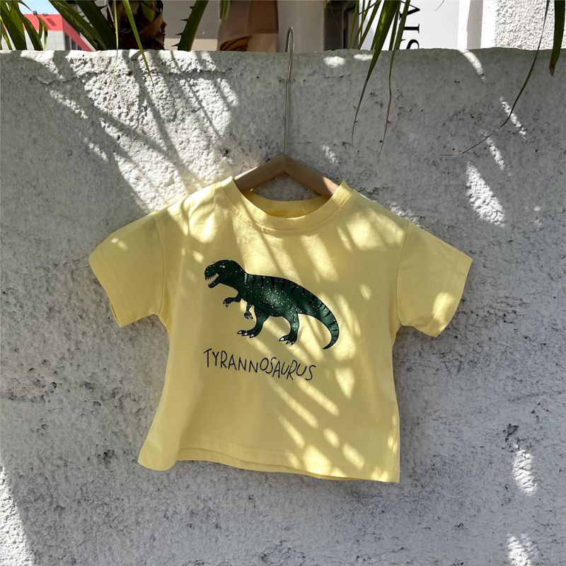 Áo Thun Cotton Tay Ngắn Cổ Tròn In Hình Khủng Long Phong Cách Hàn Quốc Dành Cho Bé Trai