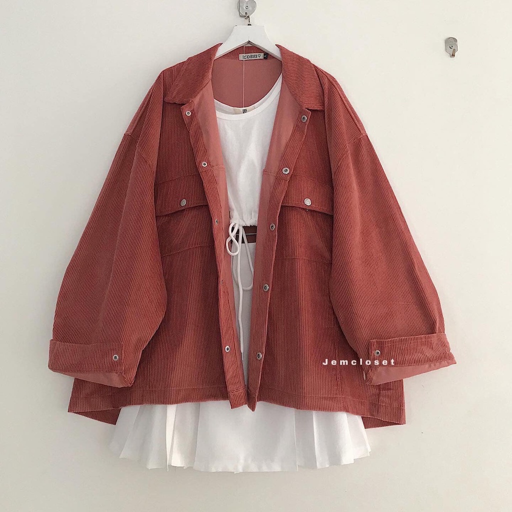 Áo Khoác Jacket Nữ Form Rộng JEM CLOSET Áo Khoác Ngoài Nhung Gân Nữ Thiết Kế Cổ Bẻ Túi Hộp Màu Hồng Cam INPO 10234