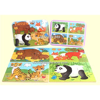 bộ 4 tranh Ghép Hình Puzzle Tổng Hợp - ĐỘNG VẬT HOANG DÃ (gấu trúc, cáo,gấu,báo)