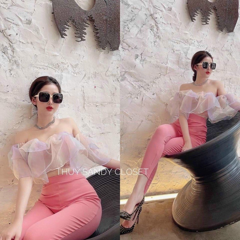 Áo trễ vai bèo phối voan cầu vồng.có hình và video thật