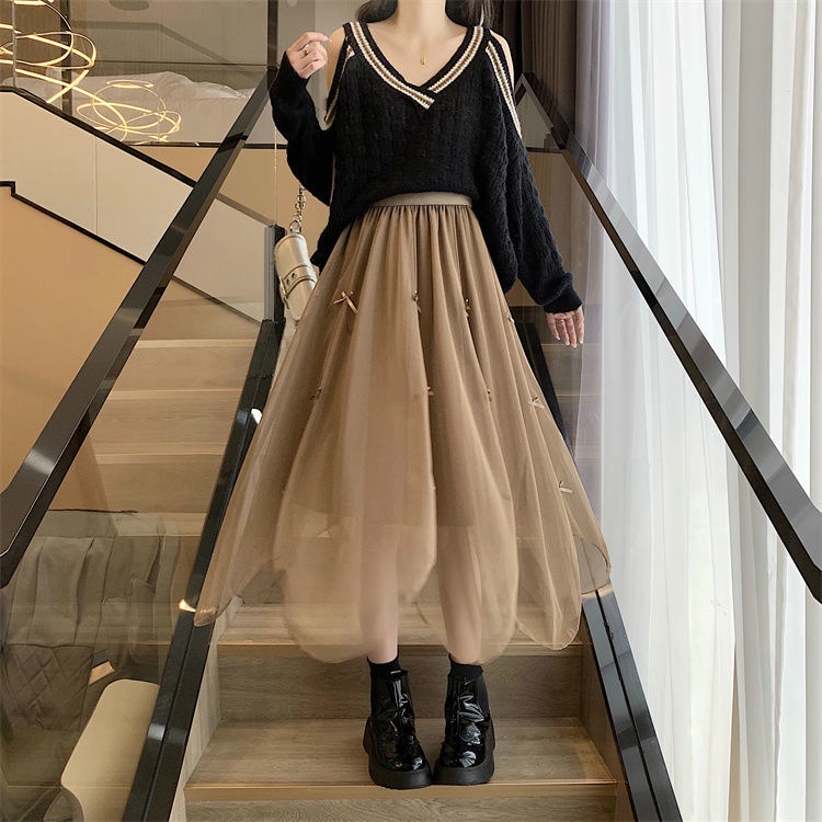 Chân Váy Chữ A Lưng Cao Phối Lưới Và Nơ Xinh Xắn Dễ Phối Đồ