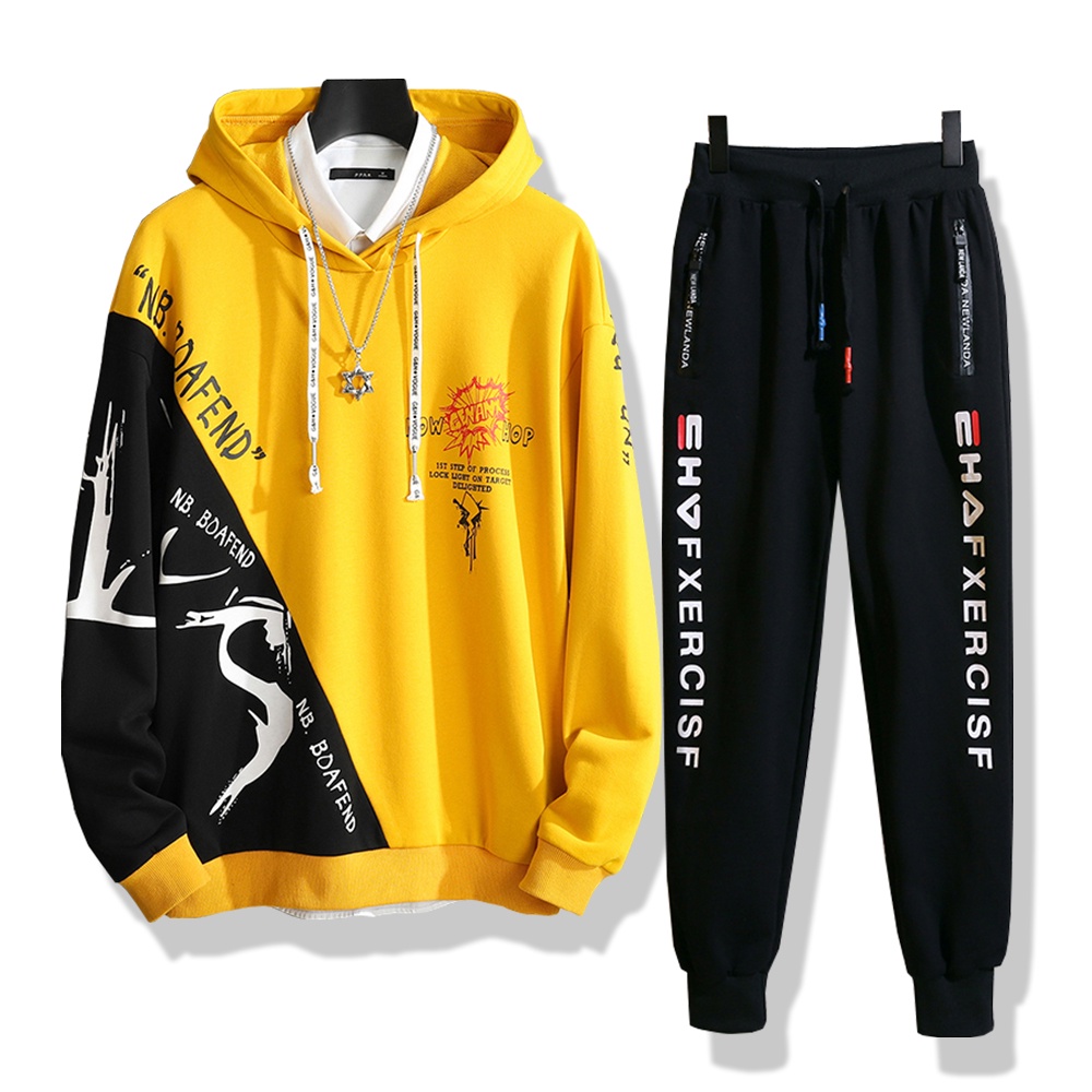 Bộ Quần Áo Nỉ Hoodies Nam Phối Hai Màu Cá Tính Quần In Họa Tiết Trẻ Trung Thời Trang Thu Đông SET NAM 9000084