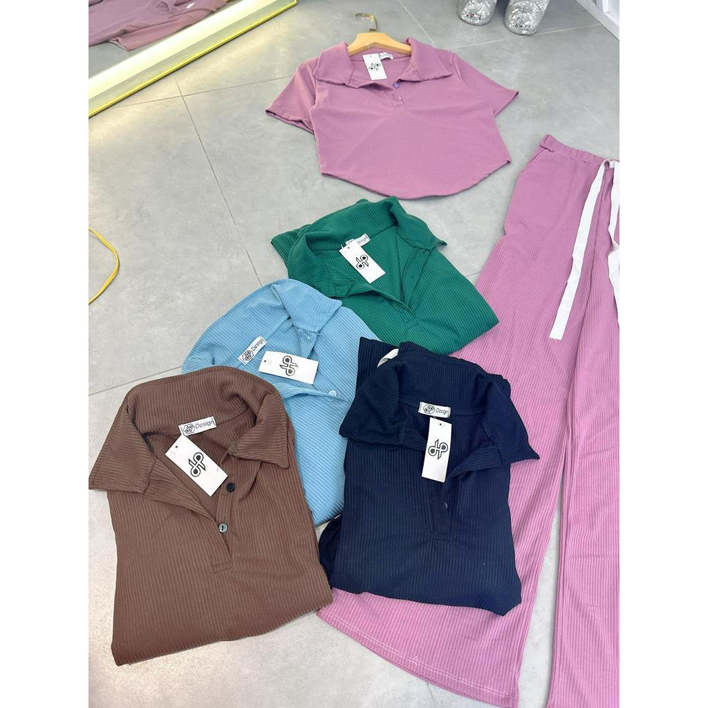 Đồ bộ nữ, set đồ bộ quần ống rộng đai cao có túi và áo croptop ôm lai bầu cổ sơ mi gài nút, bộ đồ mặc ở nhà nữ