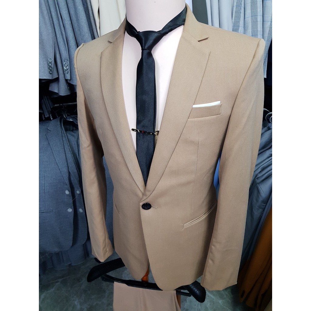 Bộ vest nam form ôm body 1 nút màu cà phê