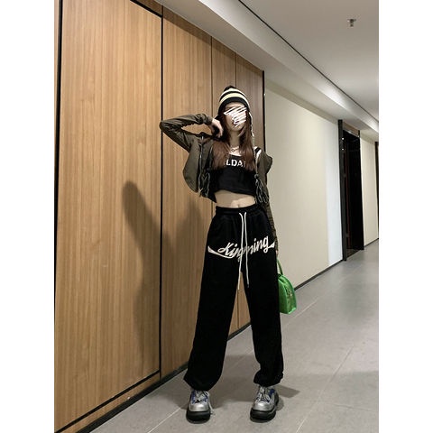 COZOK Quần Ống Rộng Lưng Cao In Chữ Thời Trang