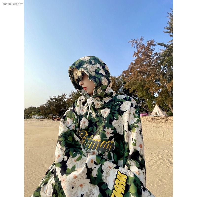 ☄Fashion brand men and women wear spring and autumn thin oversize sweater women Korean version ins full-body printed floral hooded jacket