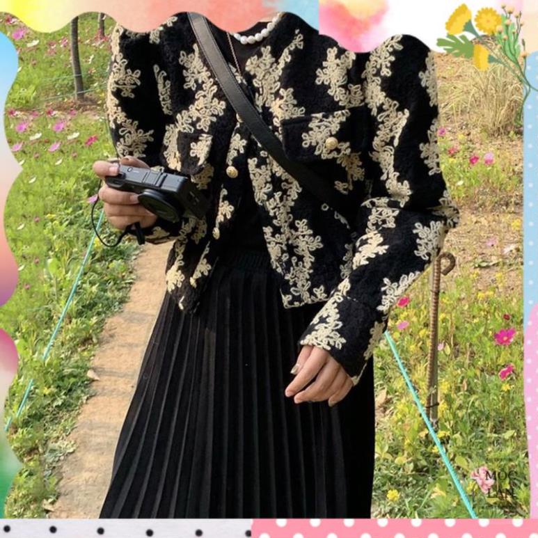 Áo khoác nữ cổ tròn họa tiết hoa văn màu đen trắng style retro sang chảnh kiểu Pháp