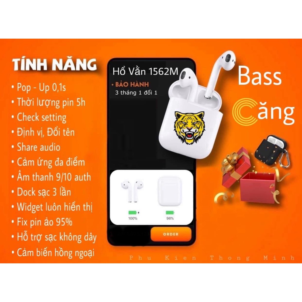 Tai nghe Bluetooth TWS Hổ Vằn 1562M Check setting Dùng cả IOS & Androi