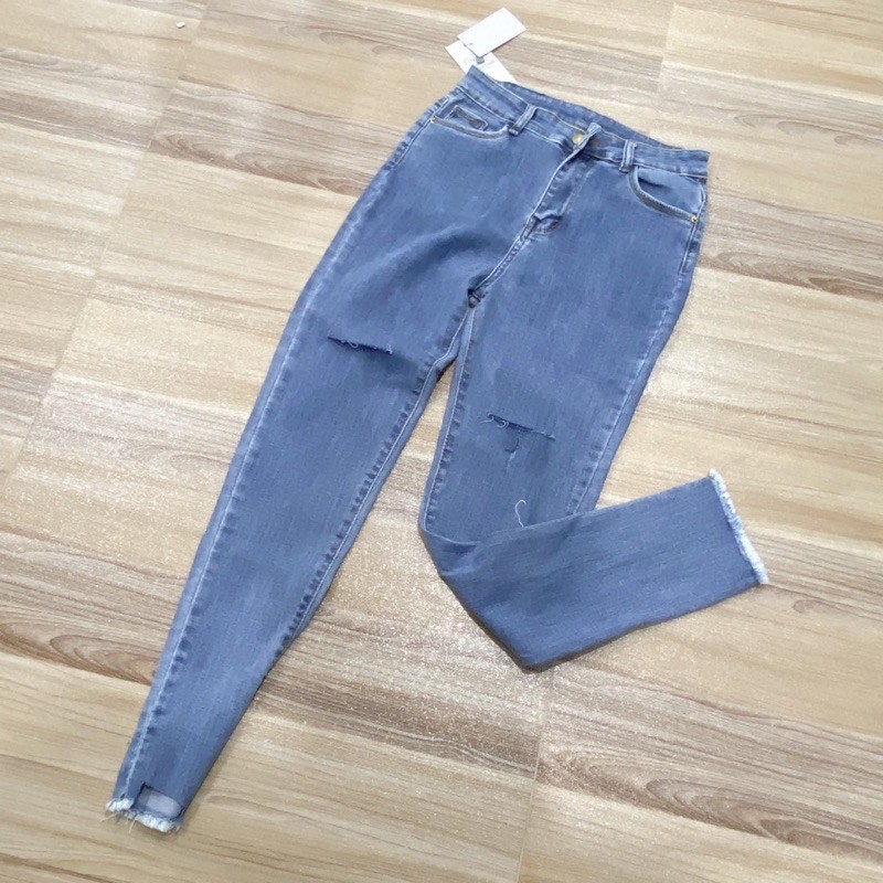 Hàng nhập khẩu Quần jeans ôm body lưng siêu cao nút kiểu, quần jean nữ, quần bò nữ lưng cao rách gối xanh nhạt - J20 Liê