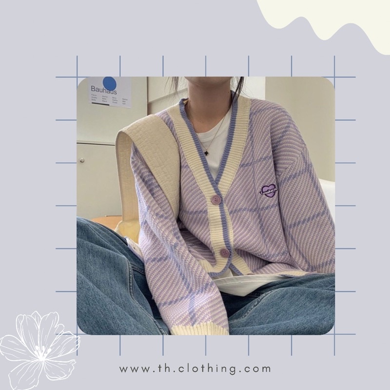 [Sẵn tím] Áo cadigan kẻ tím xanh