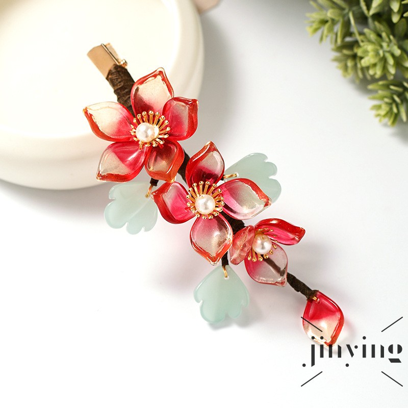 GETNOIVAS Kẹp tóc pha lê màu đỏ hình hoa phong cách cổ trang Trung Quốc