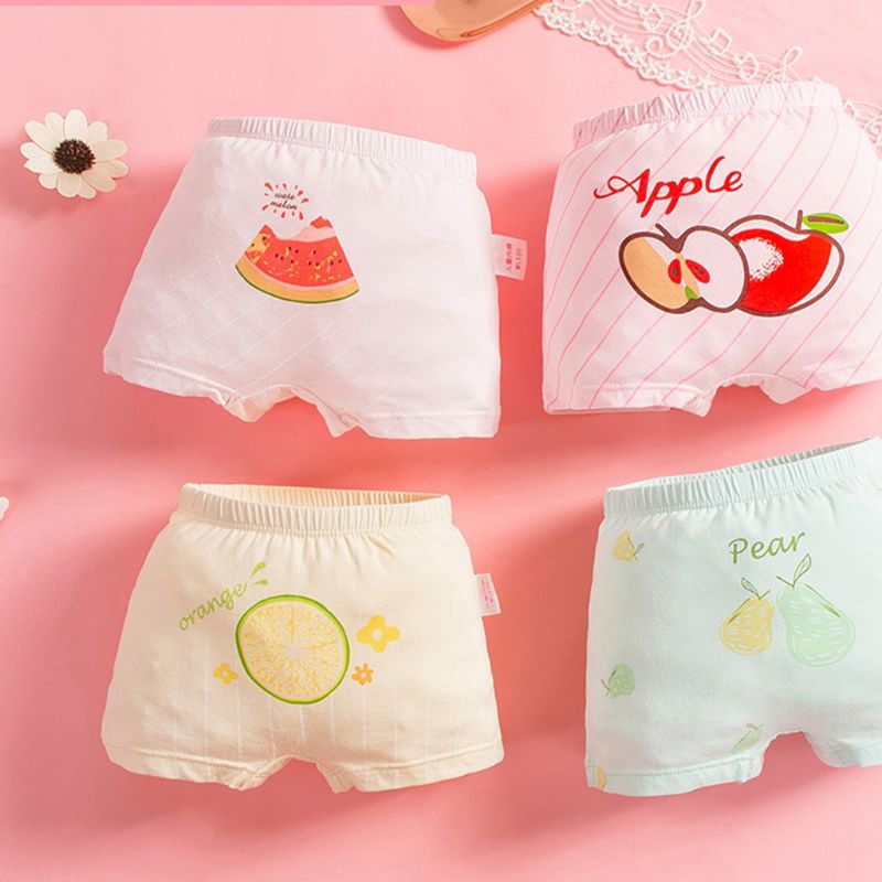 Set 4 Quần Lót Cotton In Họa Tiết Trái Cây Xinh Xắn Dành Cho Bé Gái