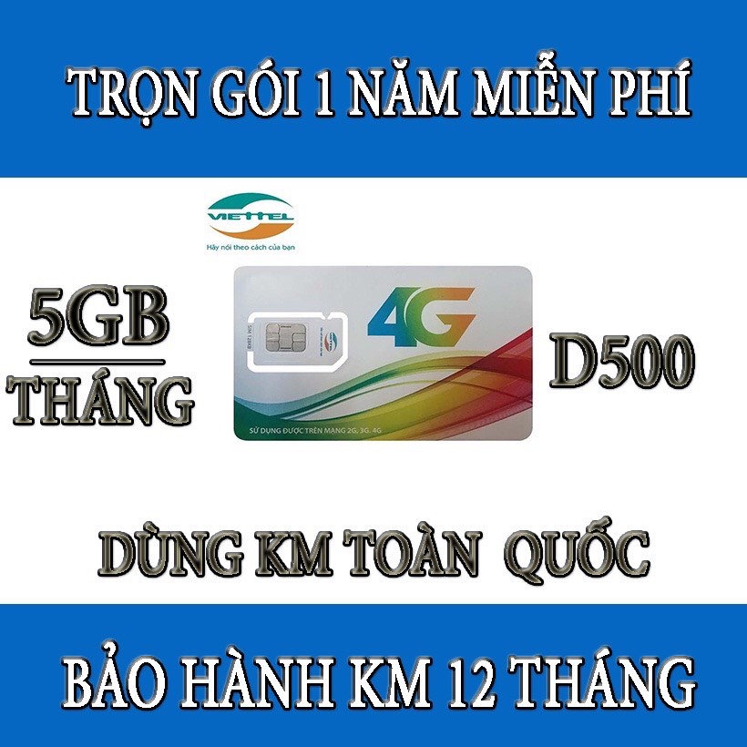 Sim 4G Viettel D500 Trọn gói 12 Tháng Mỗi Tháng 5GB Tốc Độ Cao