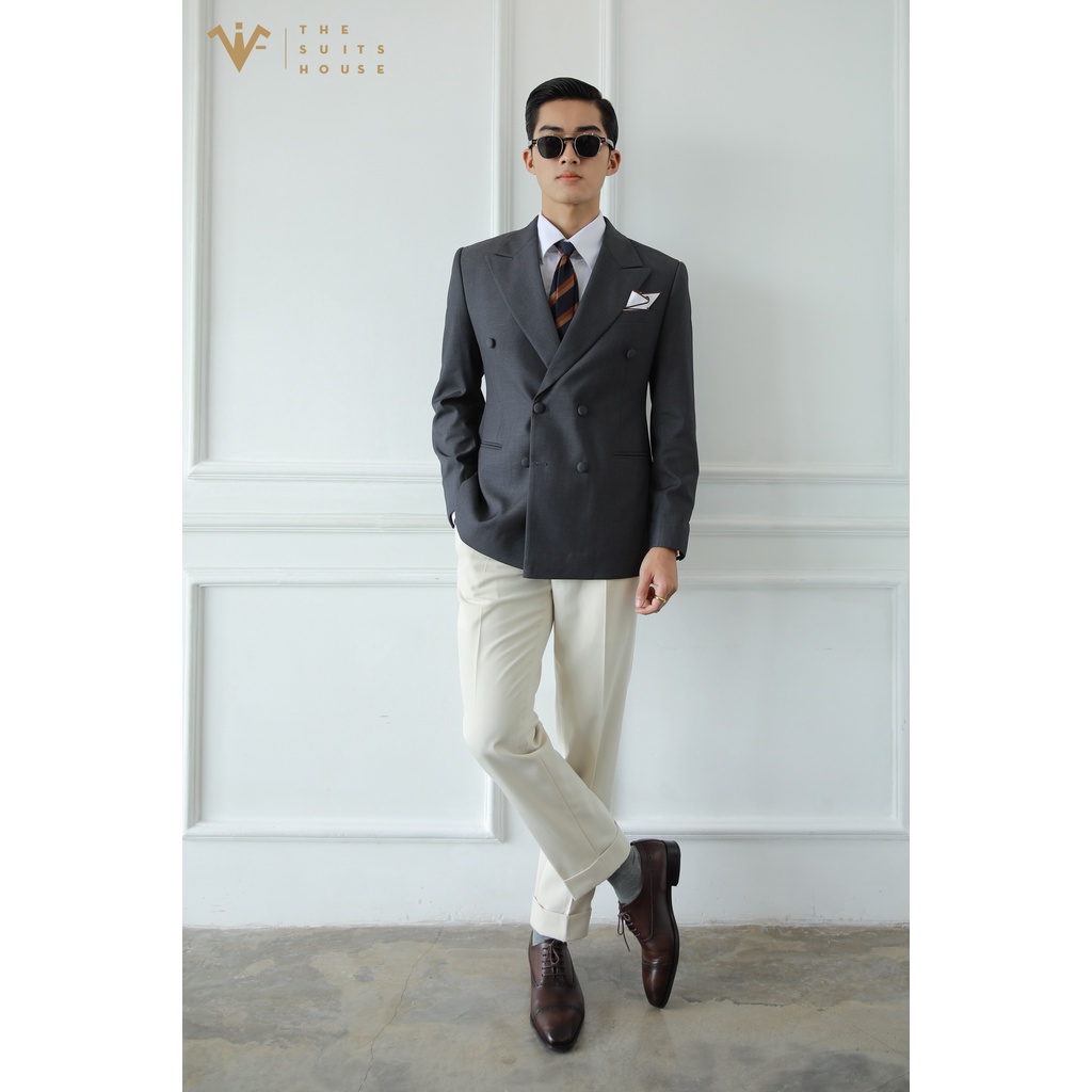 Bộ Vest nam áo Blazer Vest Suit quần tây phối xám trắng kem 2 túi 6 khuy, satorial, chất WOOL - THE SUITS HOUSE