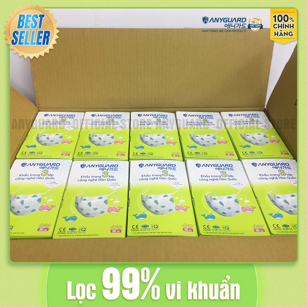 Khẩu Trang Trẻ Em ANYGUARD Hàn Quốc 3 Lớp Chính Hãng Lọc 99% Vi Khuẩn - Cho Bé Dưới 8 Tuổi (Hộp 50 Chiếc) 베이비 마스크