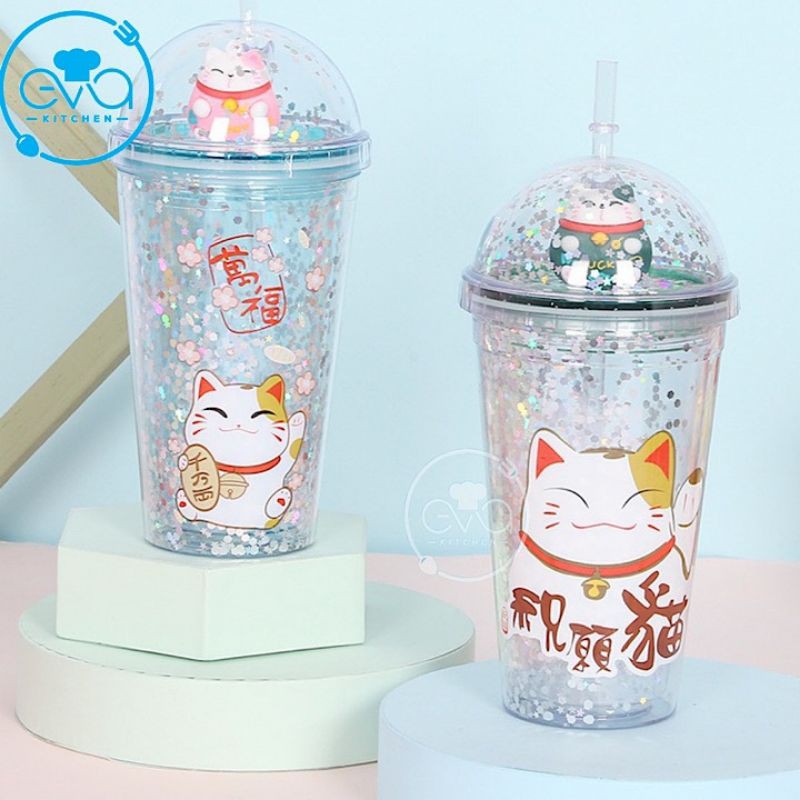 Ly Pha Lê 2 Lớp Cách Nhiệt Mèo Thần Tài May Mắn 500 Ml M2774