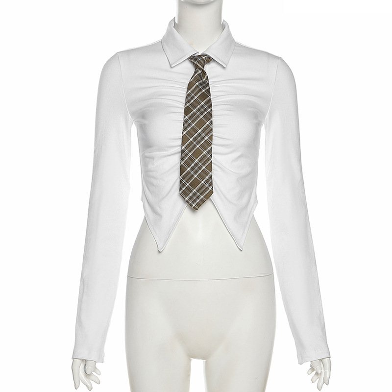 Áo croptop kiểu sơ mi dáng ôm có cà vạt thời trang phong cách đồng phục nữ sinh