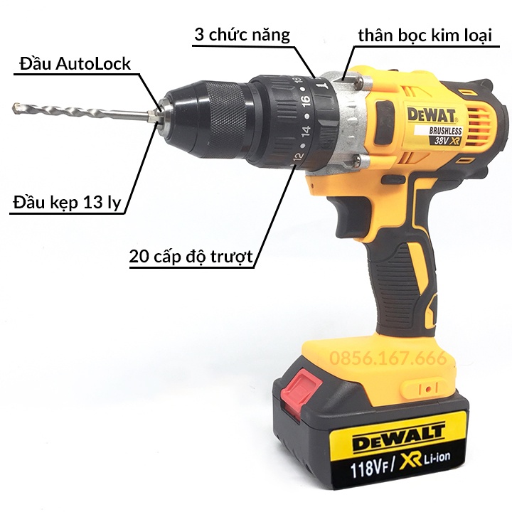 KHOAN KHÔNG DÂY Dewalt 118v -  Tặng kèm 29 phụ kiện -  2 Pin - Khoan bê tông, gỗ, sắt, bắt vít,.. - Đảo chiều