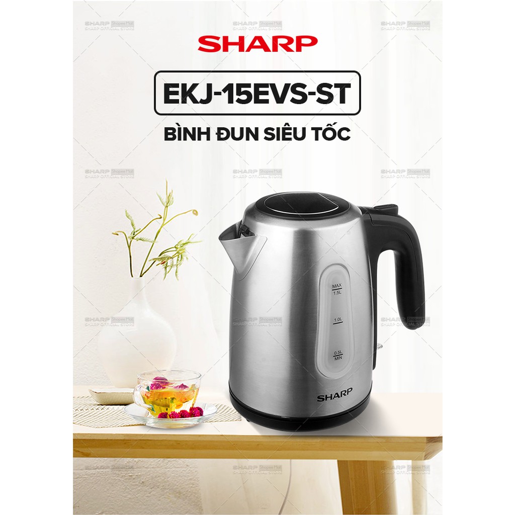 [Mã ELHADEV giảm 4% đơn 300K] BìnhSiêu Tốc 1.5 Lít Sharp EKJ-15EVS-ST Vạch báo mực nước, Cảm biến nhiệt: FADA