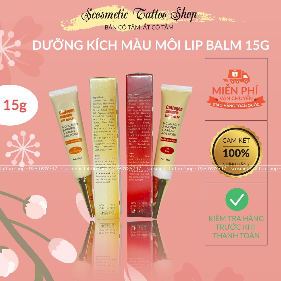 Dưỡng kích màu môi Collagen Lip Balm, son dưỡng có màu sau phun xăm thẩm mỹ ,check mã-Usa 15gram