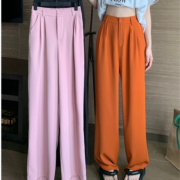 SUXI Quần ống rộng Lưng Cao Co Giãn Màu Sắc Đơn Giản Thời Trang Mùa Hè Cho Nữ