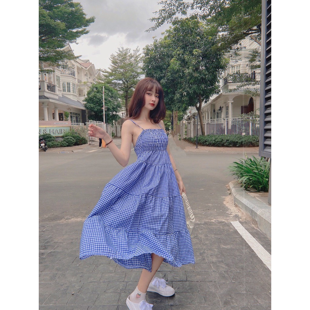 Váy kẻ babydoll 2 dây chun ngưc 🛑FREESHIP🛑 Đầm babydoll kẻ dáng dài tiểu thư AD112 | BigBuy360 - bigbuy360.vn