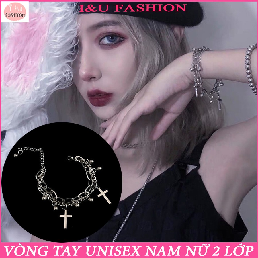 Lắc tay vòng tay UNISEX Nam Nữ , vòng tay đôi , vòng tay nhóm 2 lớp gắn chữ thập và viên bi kim loại độc đáo VT-32