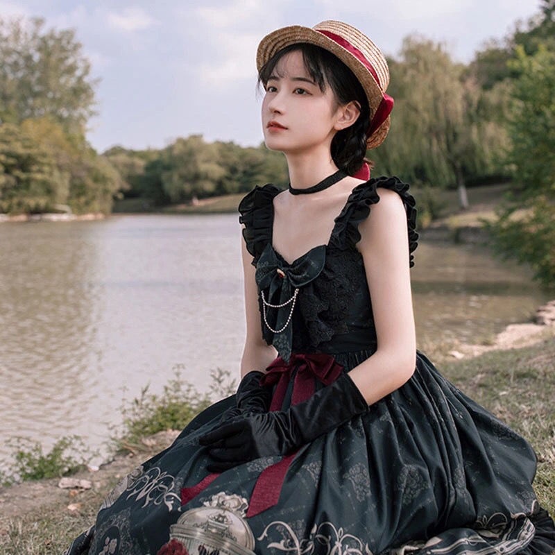 Váy Lolita, kiểu tối, hoa hồng đen, Nhật Bản, dễ thương, tay ngắn, cô gái