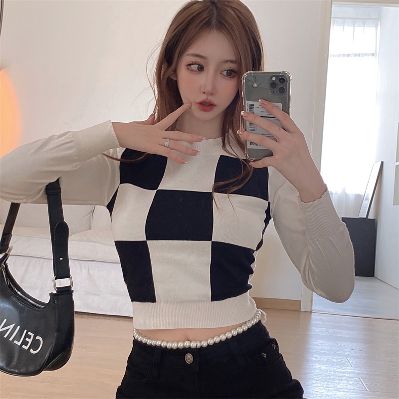 Áo Dệt Kim Tay Dài Dáng Ngắn Họa Tiết Sọc Caro Phong Cách Retro