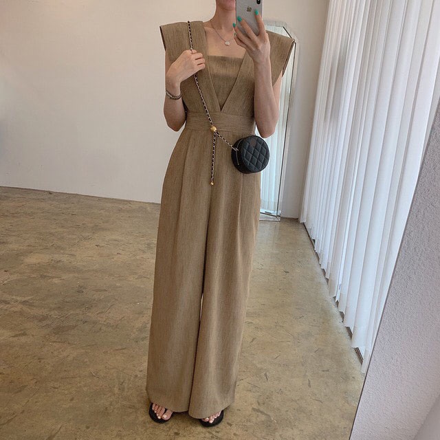 Korean-StylechicSummer Retro Square Collar Waist Slimming Loose All-Matching Long Sleeveless Jumpsuit Wide Leg Pants for Women | BigBuy360 - bigbuy360.vn