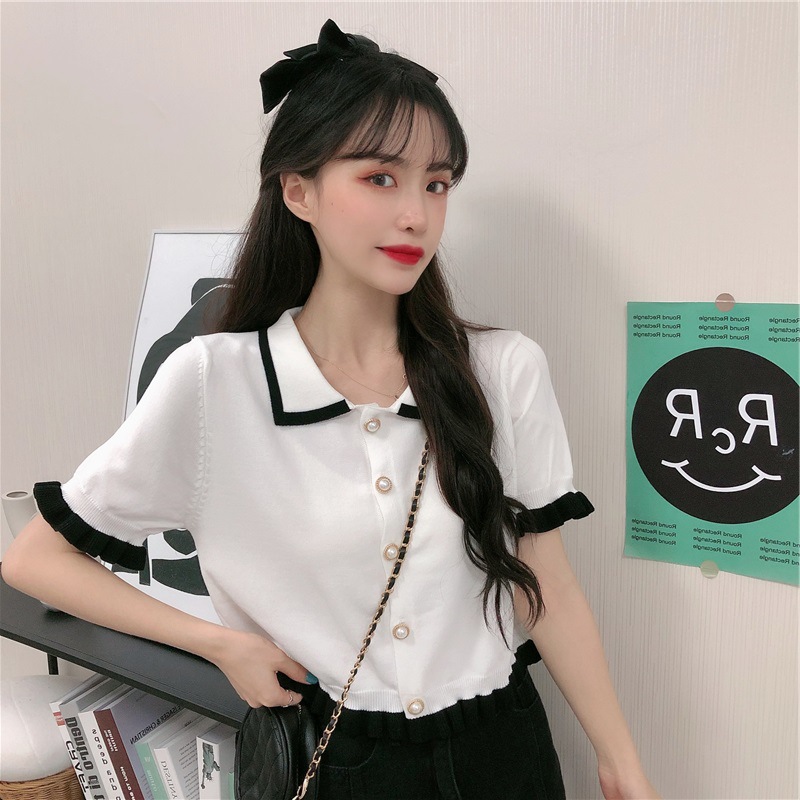 Áo dệt kim ngắn tay phong cách retro pháp thanh lịch cho nữ | BigBuy360 - bigbuy360.vn