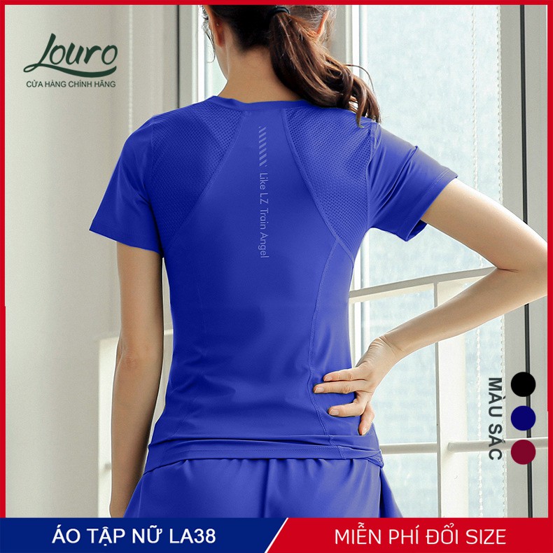 Áo thun tập gym, yoga nữ Louro LA38, kiểu áo tập gym nữ tay ngắn phối lưới, chất liệu thoáng mát, co giãn 4 chiều