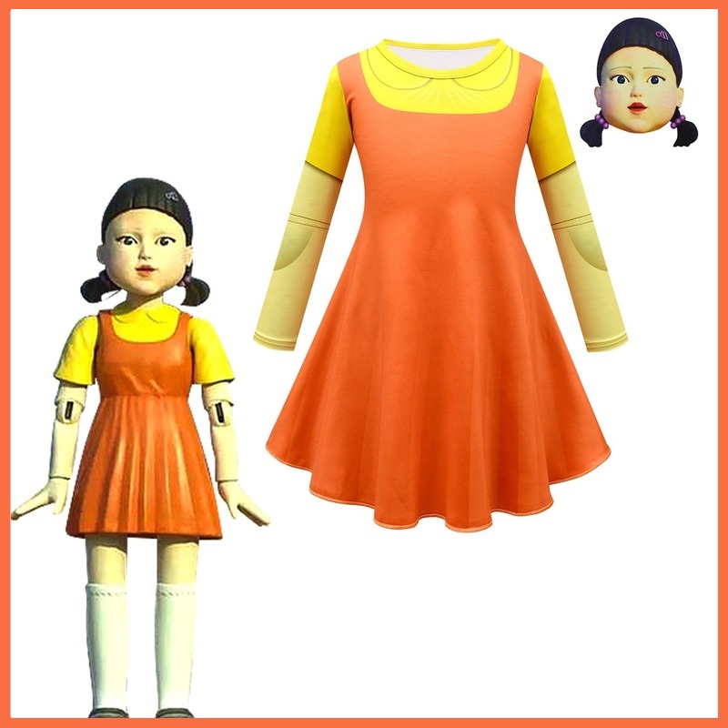 Bộ phim truyền hình Hàn Quốc Squid Game123 Người gỗ cosplay trang phục mặt nạ + bộ đồ hai mảnh cô gái mặc váy dài tay