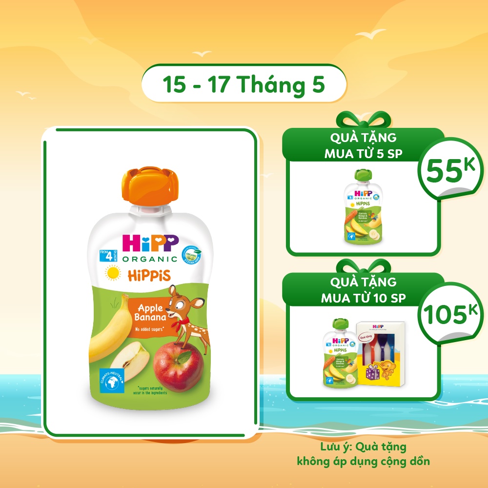 Dinh dưỡng 100% Trái cây nghiền Organic HiPPiS Táo, Chuối 100g - Nhập khẩu Áo