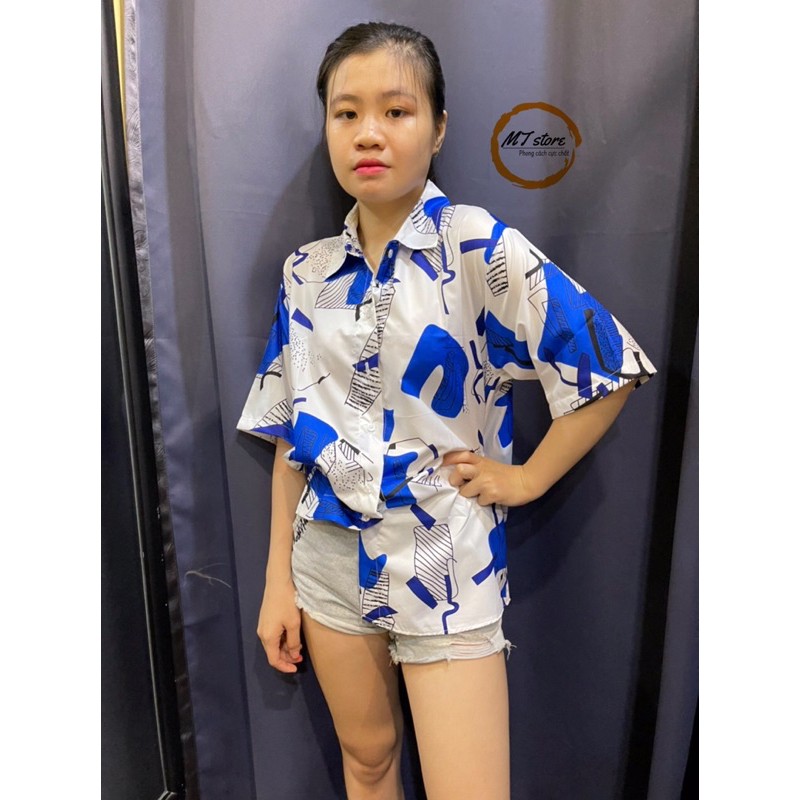 Áo Sơ Mi Lụa Tay Ngắn Họa Tiết Chữ Unisex from Rộng Oversize