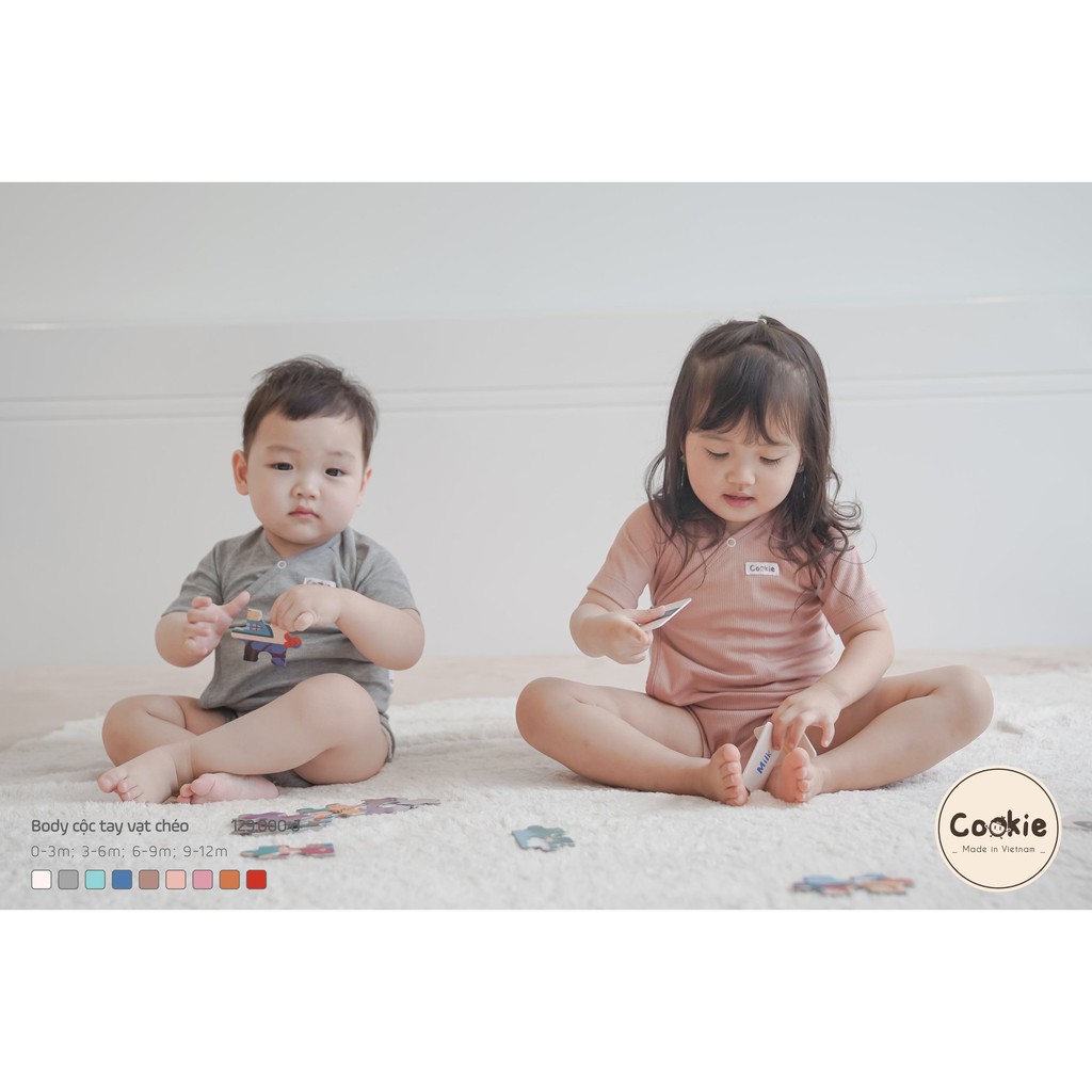 Bodysuit COOKIE Cộc Tay Vạt Chéo 0-3/3-6/6-9M Chất Liệu Air-Cool Knitwear Điều Hoà Nhiệt 4 Mùa