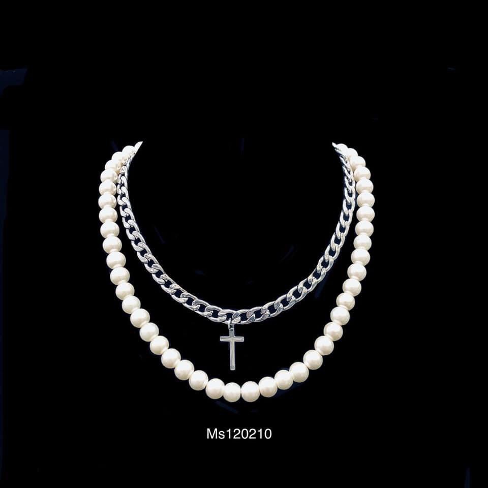 Dây vòng cổ chain xích màu bạc cá tính mix hạt ngọc chữ thập - thép ko gỉ
