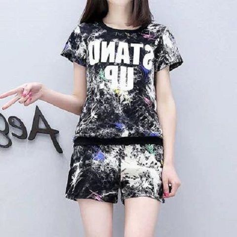 (N053) Bộ mặc nhà phun sơn màu sắc nổi bật in chữ sắc nét cổ tròn tay ngắn viền đen thời trang trẻ trung mẫu mới 2020 | BigBuy360 - bigbuy360.vn