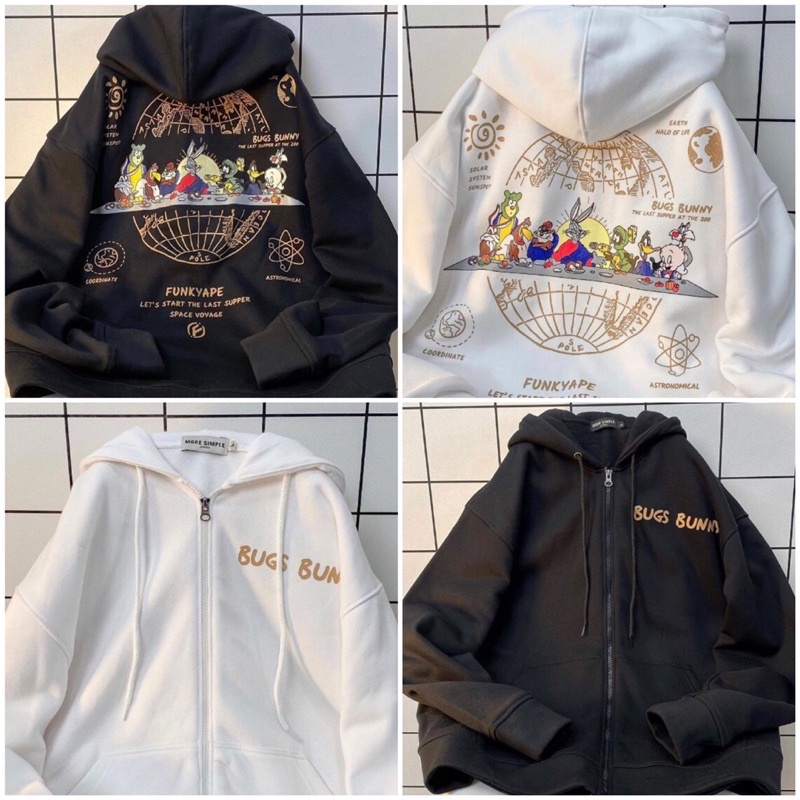 [SIEU SALE ] Áo Khoác Hoodie Form Rộng Phối Zip Unisex quả cầu thỏ (hàng có sẵn)