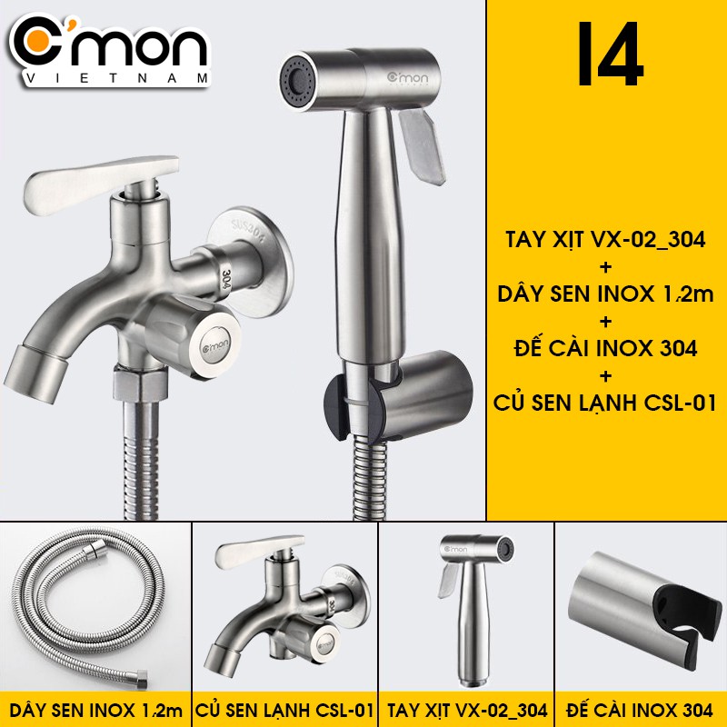 Bộ vòi xịt vệ sinh INOX 304 cao cấp C'MON VX-02-I (dây inox)