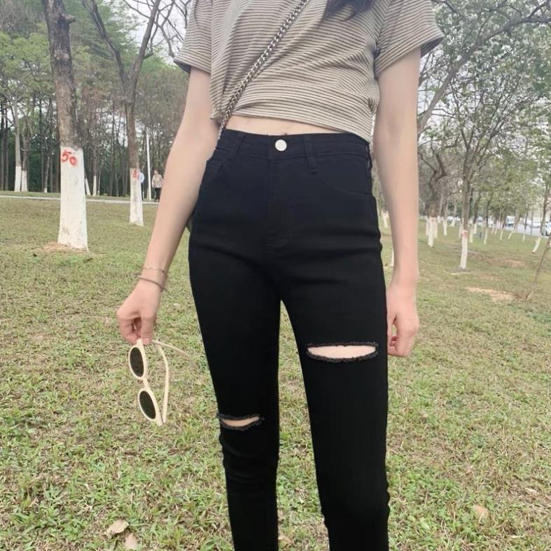 Quần jean dài Bigsize màu đen tuyền lưng cao, rách ngang đùi dành cho 60kg đến 90kg New