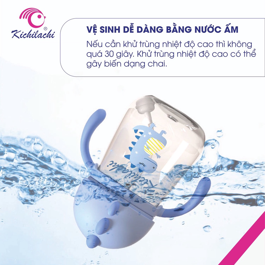 Bình tập uống nước 240ml khủng long KICHI chĩnh hãng cho bé có van chống sặc có tay cầm giúp bé tập hút dễ dàng