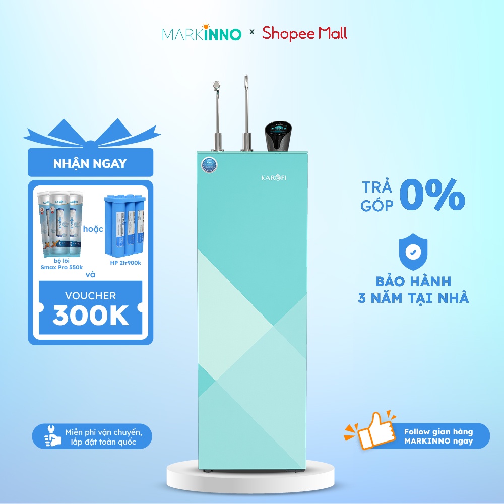 Máy lọc nước nóng lạnh KAROFI KAD-N91 bình 33kg, công nghệ 10 lõi lọc Smax, điều khiển giọng nói VoiceCall